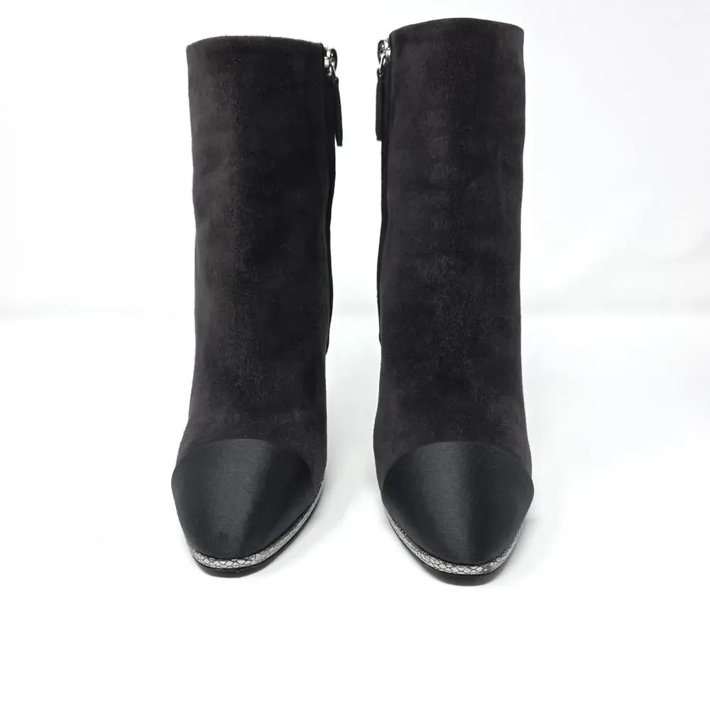Chanel Suede Ankle Boots CC Logo Cap Toe Grey Black Silver Heels 37 6.5